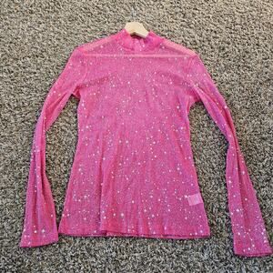 Mango Pop Collection long sleeve sexy see through shirt Pink Large